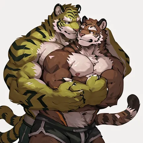 two muscular tiger , furry chest, muscular green tiger hug muscular tiger back, muscular green tiger stand behind, hug from behind, white background, perfect hand, thick furry neck and chest fluff, hand behind head, kiss, side view by lindong, by nullghost