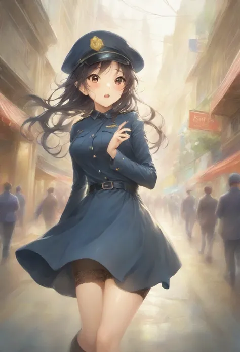 masterpiece, best quality, very aesthetic, absurdres, full body shot,(police costume:1.3), (button gap:0), police skirt, police cap, stockings with garter, on the crowed street, 1girl, akiyama mio, k-on!, spirit of the wind