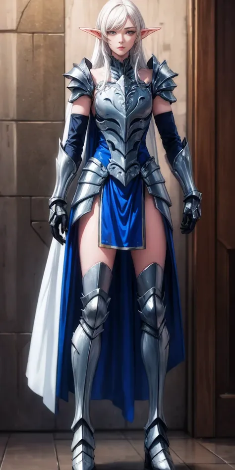 masterpiece, best quality, high quality, 1solo white SKIN elf, long hair, white hair, yellow eyes, full body, def_effie, blue breastplate, looking at viewer, shiny,armor, thighhighs, high boots,shoulder armor, faulds, poleyn, gloves, gauntlets