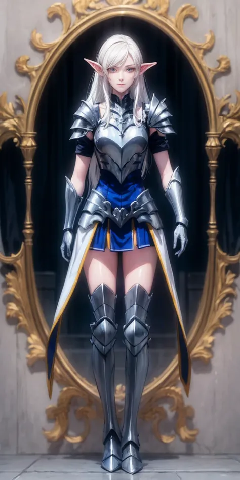 masterpiece, best quality, high quality, 1solo white SKIN elf, long hair, white hair, yellow eyes, full body, def_effie, blue breastplate, looking at viewer, shiny,armor, thighhighs, high boots,shoulder armor, faulds, poleyn, gloves, gauntlets