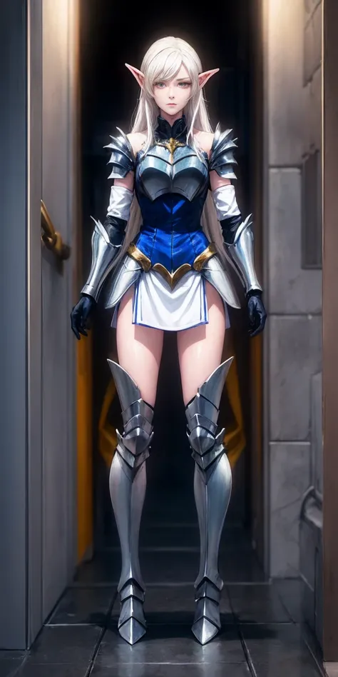 masterpiece, best quality, high quality, 1solo white SKIN elf, long hair, white hair, yellow eyes, full body, def_effie, blue breastplate, looking at viewer, shiny,armor, thighhighs, high boots,shoulder armor, faulds, poleyn, gloves, gauntlets