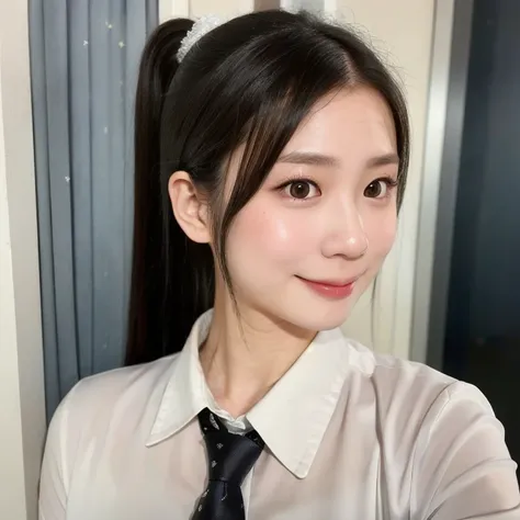 (kawaii 24 year-old Japanese girl, Nogizaka idol, Korean idol), (glossy black hair, high ponytail:1.3), (rounded face, single eyelid, no makeup, soft smiling:1.2), forehead, (wearing longsleeved collared shirt, thick cotton shirt, necktie:1.3), (well shape...