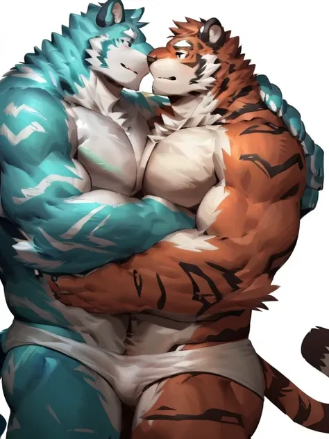 two muscular tiger , furry chest, muscular green tiger hug muscular tiger back, muscular green tiger stand behind, hug from behind, white background, perfect hand, thick furry neck and chest fluff, hand behind head, kiss, hand into panties, side view, jock...