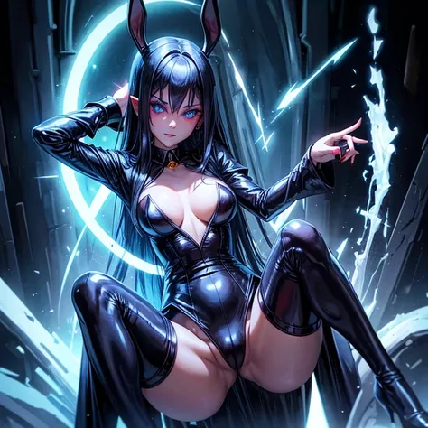 Awoman vampire,black hair, blue eyes,sexy, bunny suit,evil,glowing,bold colors,.