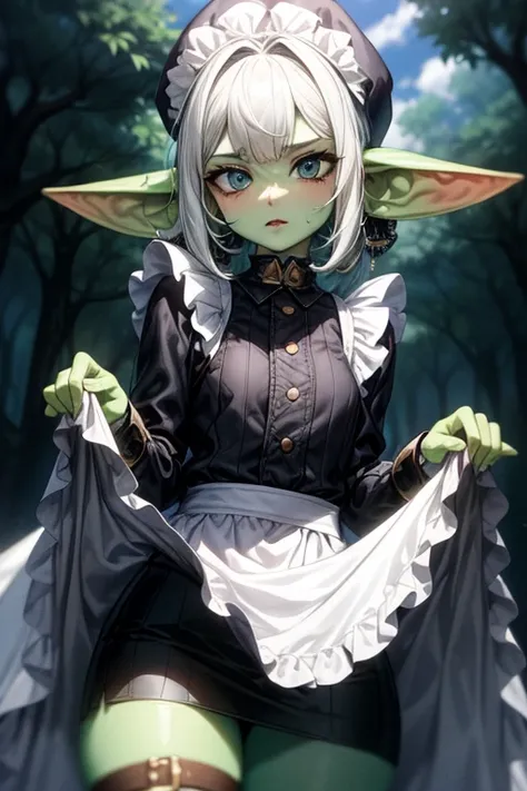 una joven goblin de aspecto encantador pero travieso. Sus ojos amarillos brillan con astucia y curiosidad, siempre explorando su entorno con un brillo travieso. Su piel verde resplandece con un tono vibrante, showing their connection with nature and their ...