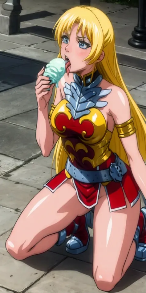 sex slave warrior gladiator before a fight, licking a ice cream, kneeling