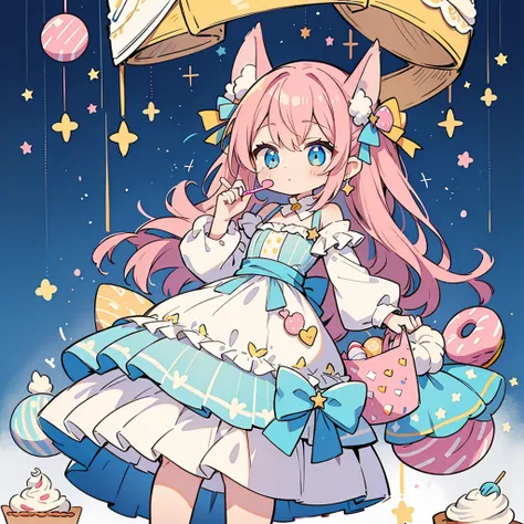 1girl, pastel muted colors, (color palette is yellow:1.2, blue:1.2, pink:1.2), sitted in a throne made out of sweets and pastries, for example donuts, sprinkles, candy, lollipops, candycane, cake, cupcakes, cakepops, frills and lace, polka dot patterns, lo...