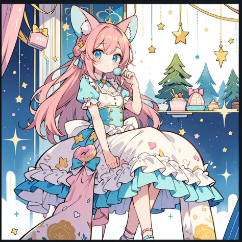 1girl, pastel muted colors, (color palette is yellow:1.2, blue:1.2, pink:1.2), sitted in a throne made out of sweets and pastries, for example donuts, sprinkles, candy, lollipops, candycane, cake, cupcakes, cakepops, frills and lace, polka dot patterns, lo...