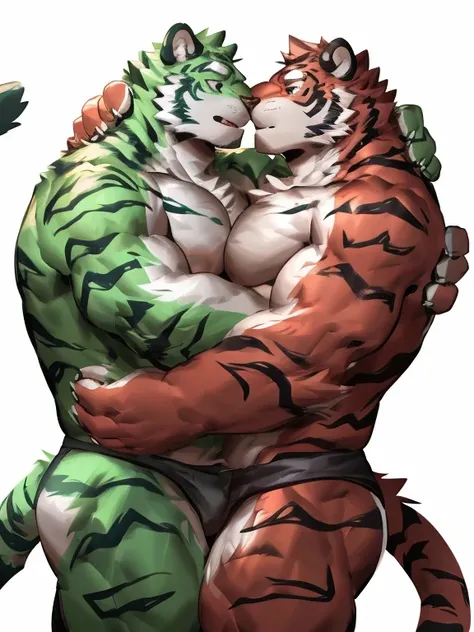 two muscular tiger , furry chest, muscular green tiger hug muscular tiger back, muscular green tiger stand behind, hug from behind, white background, perfect hand, thick furry neck and chest fluff, hand behind head, kiss, hand into panties, side view, jock...