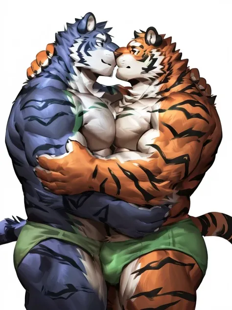 two muscular tiger , furry chest, muscular green tiger hug muscular tiger back, muscular green tiger stand behind, hug from behind, white background, perfect hand, thick furry neck and chest fluff, hand behind head, kiss, muscular green tiger hand into mus...