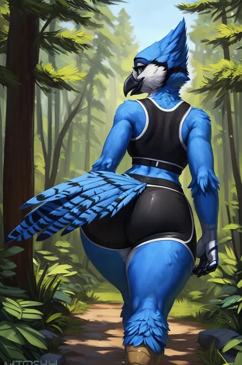 [blue jay], [Uploaded to e621.net; (Foxovh), (Pixelsketcher), (mayosplash], ((masterpiece)), ((HD)), ((furry; anthro avian)), ((detailed feathers), ((detailed shading)), ((beautiful render art)), {furry blue jay; blue feathers, (wide hips), (thick thighs),...