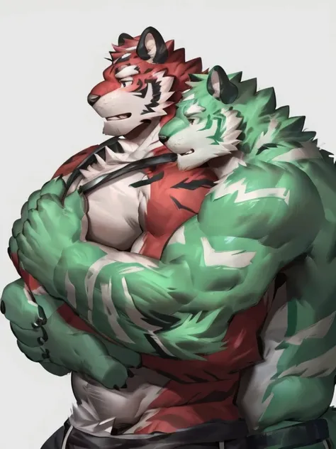 two muscular tiger , furry chest, muscular green tiger hug muscular tiger back, muscular green tiger stand behind, hug from behind, white background, perfect hand, thick furry neck and chest fluff, hand behind head, kiss, hand into jock, side view, jock, h...