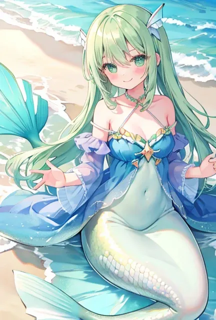 beautiful illustrations, highest quality, pretty girl, seaside、 pastel colour ,green hair, green eyes、between legs、smile、blush、hands behind、mermaid、Fish fin