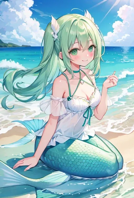 beautiful illustrations, highest quality, pretty girl, seaside、 pastel colour ,green hair, green eyes、between legs、smile、blush、hands behind、mermaid、Fish fin