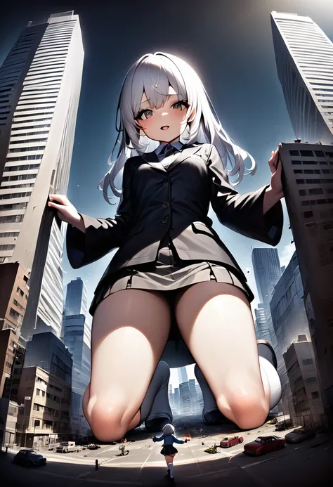 huge，Teenage girl，white hair，short skirt，teasing，A giant girl taller than a building，Wearing white knee socks，city-destroying，miniature city，Kneeling in the city，holding hands，There is a little person in the palm of my hand，There are many miniature cars ar...