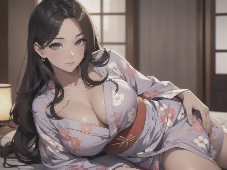 1 beautiful woman, seductive sexy, Alluring plumpness:1.3, Brunette, Straight-haired, pupils sparking, long upper eyelashes, (wearing yukata in hotel:1.5), Japanese-style rooms at the hotel, futon, seductive smile, light blush, ear blush, seductive express...