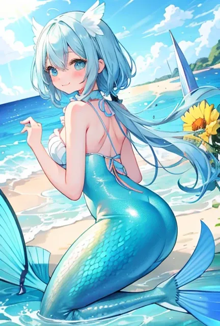 beautiful illustrations, highest quality, pretty girl, seaside、 pastel colour ,blue hair, green eyes、between legs、smile、blush、hands behind、mermaid、Fish fin