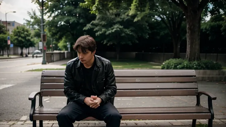    - Medium shot: the guy stops and sits on a bench, sad