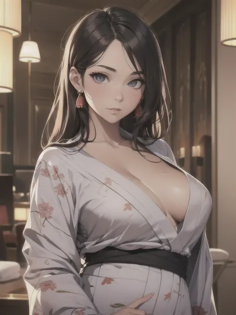 1 beautiful woman, seductive sexy, Alluring plumpness:1.3, Brunette, Straight-haired, pupils sparking, long upper eyelashes, (wearing yukata in hotel:1.5), Japanese-style rooms at the hotel, futon, seductive smile, light blush, ear blush, seductive express...