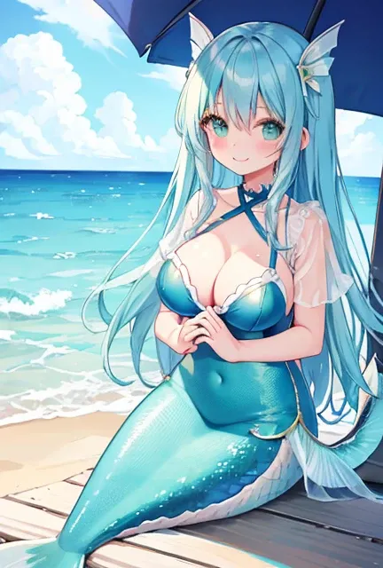 beautiful illustrations, highest quality, pretty girl, seaside、 pastel colour ,blue hair, green eyes、between legs、smile、blush、hands behind、mermaid、Fish fin、big breasts