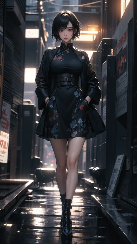 ((Highly detailed CG unit 8k wallpaper, masterpiece, High resolution, highest quality, highest qualityのリアルテクスチャスキン)), (Hands in pockets pose:1.5, fashion pose:1.2, A cool NY fashion girl influenced by nostalgic and inorganic mode fashion., detailed costume...