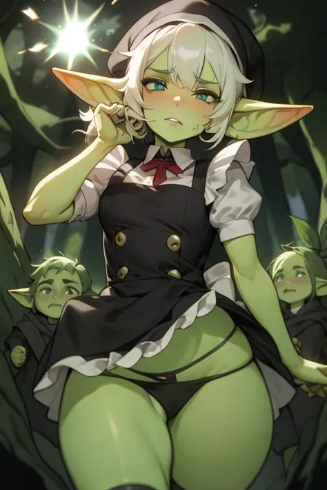 una joven goblin de aspecto encantador pero travieso. Sus ojos amarillos brillan con astucia y curiosidad, siempre explorando su entorno con un brillo travieso. Su piel verde resplandece con un tono vibrante, showing their connection with nature and their ...