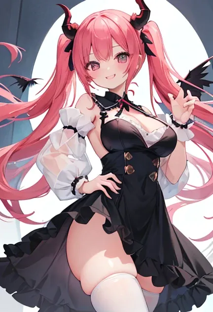 beautiful illustrations, highest quality, pretty girl,beautiful girl、clear face、 half girl、pastel colour ,red hair、black eyes、smile、blush、にこやかなsmile、thighs、devil、black feather、fantasy、fantasy、perfect hands、five fingers、twin tails、horns on head、big breasts、...