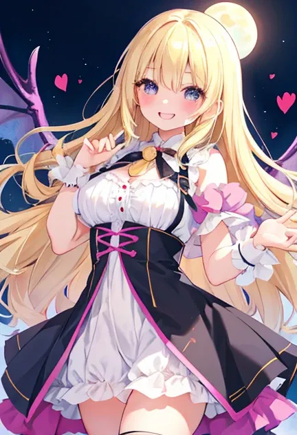 beautiful illustrations, highest quality, pretty girl,beautiful girl、clear face、 half girl、pastel colour ,blonde、black eyes、smile、blush、にこやかなsmile、thighs、Dracula、fantasy、fantasy、perfect hands、five fingers、double teeth