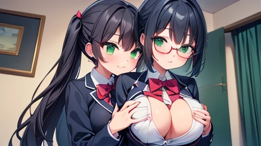 highest quality,wonderful,finely,extremely detailed CG unity 8k wallpaper,written boundary depth,1 girl, big breasts, 2girls, (breast grab:1.3), black hair, glasses, green eyes,twin tails,full body, highest quality,Super detailed,unity 8k wallpaper,game CG...