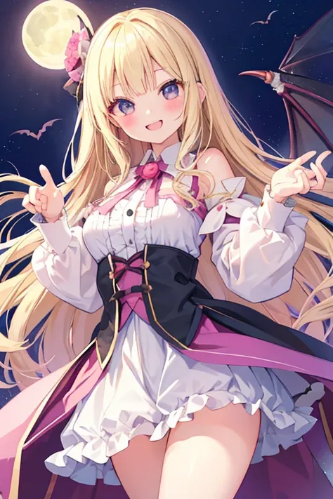 beautiful illustrations, highest quality, pretty girl,beautiful girl、clear face、 half girl、pastel colour ,blonde、black eyes、smile、blush、にこやかなsmile、thighs、Dracula、fantasy、fantasy、perfect hands、five fingers、double teeth