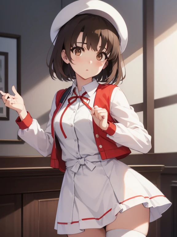 katoumegumi, megumi katou, brown hair, short hair, (brown eyes:1.7), 
break hat, Jacket, long sleeve, Thighhighs, white hat, white Thighhighs, dress, white dress, (red Jacket:1.5), (white hat:1.5), open cardigan, open clothes,
break looking at viewer,
brea...