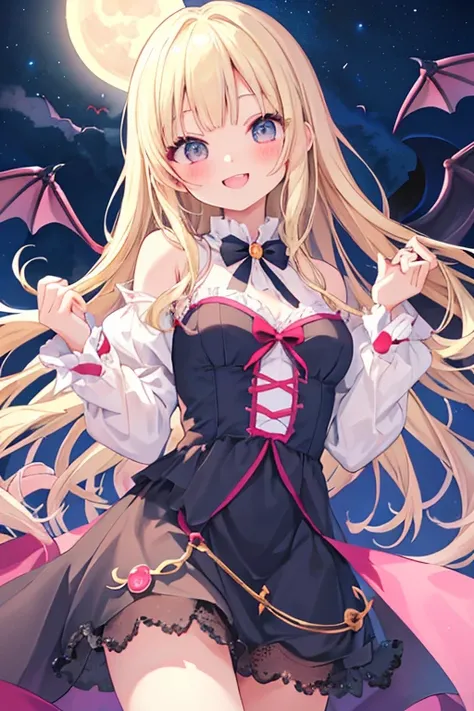 beautiful illustrations, highest quality, pretty girl,beautiful girl、clear face、 half girl、pastel colour ,blonde、black eyes、smile、blush、にこやかなsmile、thighs、Dracula、vampire、fantasy、fantasy、perfect hands、five fingers、double teeth、Moonlight night