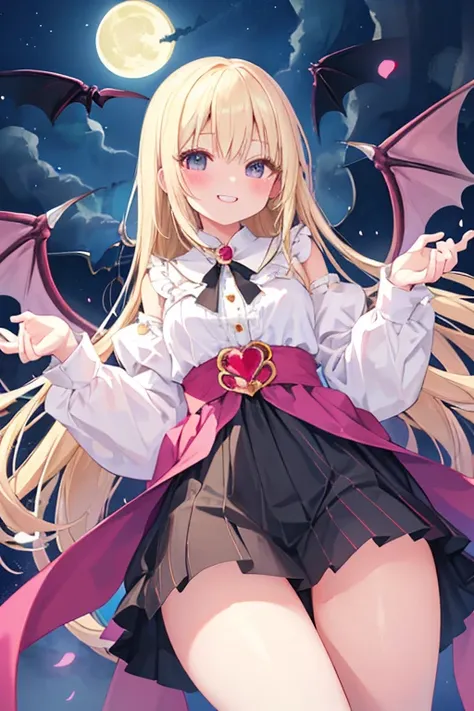 beautiful illustrations, highest quality, pretty girl,beautiful girl、clear face、 half girl、pastel colour ,blonde、black eyes、smile、blush、にこやかなsmile、thighs、Dracula、vampire、fantasy、fantasy、perfect hands、five fingers、double teeth、Moonlight night