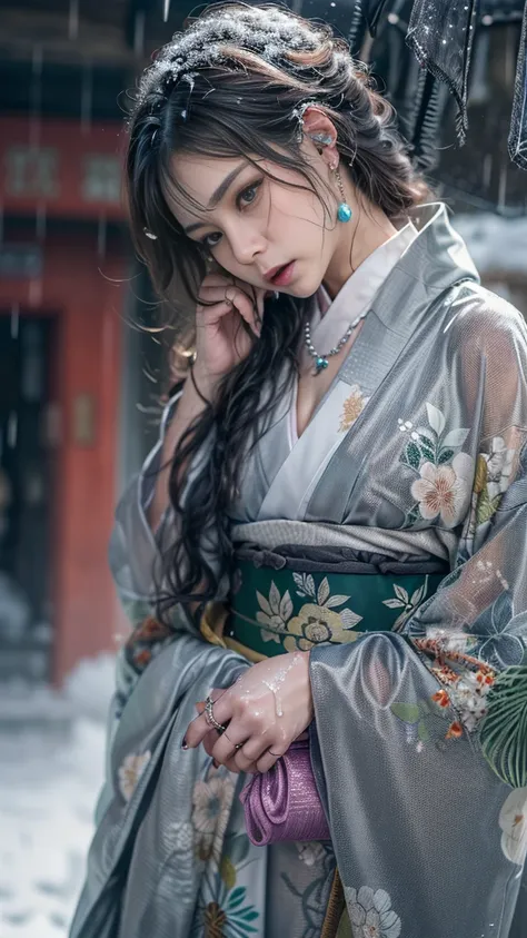 (Photoreal:1.5, 8K, highest quality:1.3, masterpiece, ultra high resolution), (((heavy snow, Blizzard))), Highly detailed skin and facial textures:1.3, perfect dynamic composition:1.2, (In front of a shrine at night in a modern city, expression of sadness:...