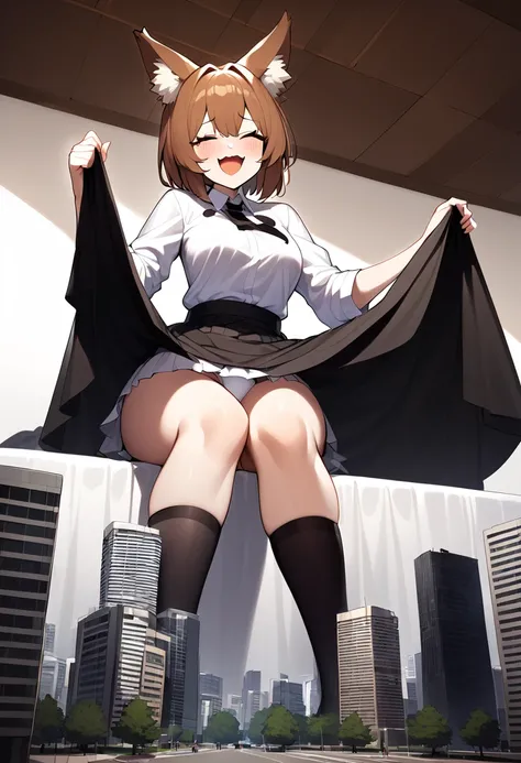 huge，brown hair，fox ears，Teenage girl，short skirt，Teasing the villain，A giant girl taller than a building，Wearing black knee socks,sitting，Laughing maniacally，Toyed around，low angle of view，shrouded in the villain，Lifted up the skirt，arrogant,Wearing white...