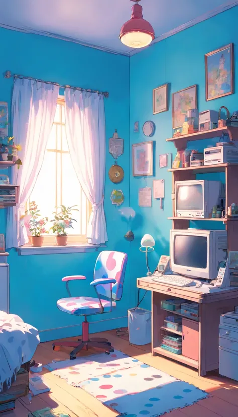 messy room、pink、computer、light bulb、window、Chair、curtain、retro、80s 80s Neon Colors、pastel colour、(((Blue and white room)))、Polka dot pattern、lemon、80sパターン、Round pattern、、Dot pattern、light blue and white