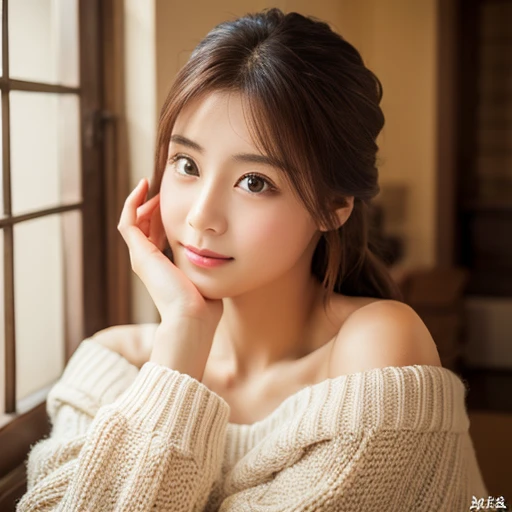 highest quality、masterpiece、超A high resolution、(Photoreal:1.4)、Raw photo、1 girl、off shoulder gentle、light shines、Japanese、nice style、Beautiful woman、in the room、put your hand on your face