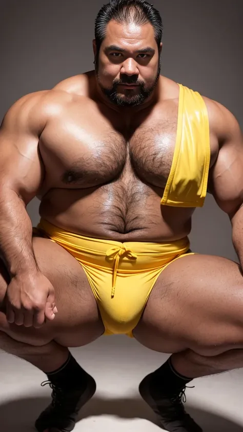 black hair, middle-aged man, individual, male, Muscular wrestler, muscular, Stout wrestler, Asian, Japanese, uncle, 55 year old middle-aged man, short hair, short hair, yellow wrestling boots, full body portrait, shadow, Vision, yellow briefs, obesity, 45 ...