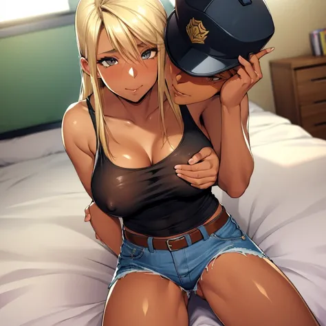 One beautiful woman, a charming face, long blonde hair, black police hat, white tank top, see-through breasts, exposed navel, ripped denim shorts, emphasis on crotch, sexy pose, Bedroom Inviting gestures