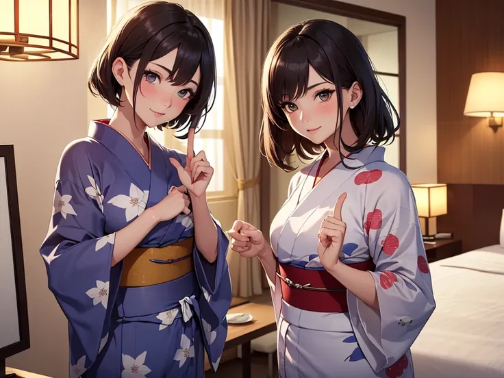 1 beautiful woman, seductive sexy, Alluring plumpness, Brunette, Straight-haired, pupils sparking, long upper eyelashes, (wearing yukata in hotel:1.5), Japanese-style rooms at the hotel, futon, seductive smile, light blush, ear blush, seductive expression,...