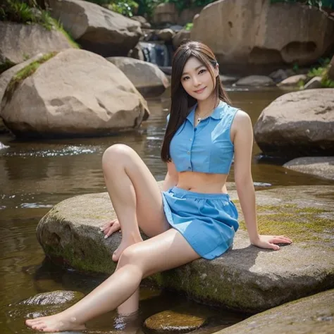 (best quality,very detailed,realistic:1.37),Portrait,beautiful girl,Young Korean female model,River bank and rocks or temple or bridge,decorations ,sitting under the waterfall,Sitting position,sitting on a rock,Soaked everywhere,Masterpiece,Very detailed e...