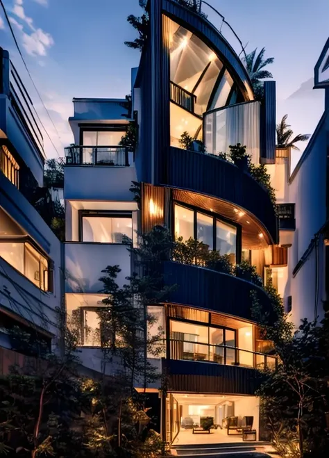 RAW photo, outdoor, (residential architecture exterior:1.3), 1 house architecture, (elegant), Singapore tropical modern house style, white wall and glass and rock and black steel and wood, (Luxury home with exquisite finishing:1.3), (wood),Beautiful tropic...