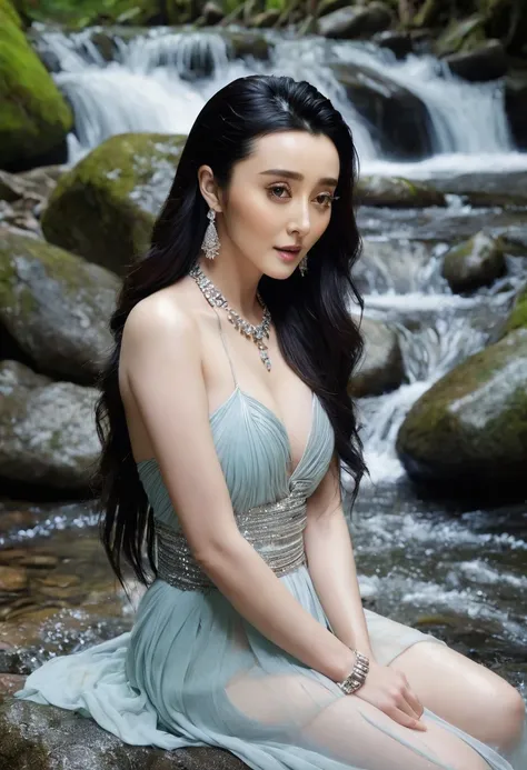 Fan Bingbing, Chinese star&#39;ชุดสีชมพูซีทรูของนางwetโชกไปด้วยน้ำที่เผยให้เห็นขนของเธอ. See every part of the body inside. Add cuteness with a diamond necklace.,hoop earrings,bangle, long straight hair, posing with a rock, waterfall, forest, mountain, fil...