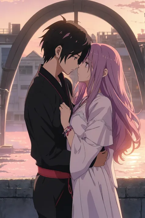 (Anime style:1.4) of 1girl witch with (long mauve hair), being courted by 1boy tall with short black hair in rocker clothes. This striking image depicts a scene of the couple wrapped in an aura of romance and passion, inspired by Shinkai Makoto, kiki no no...