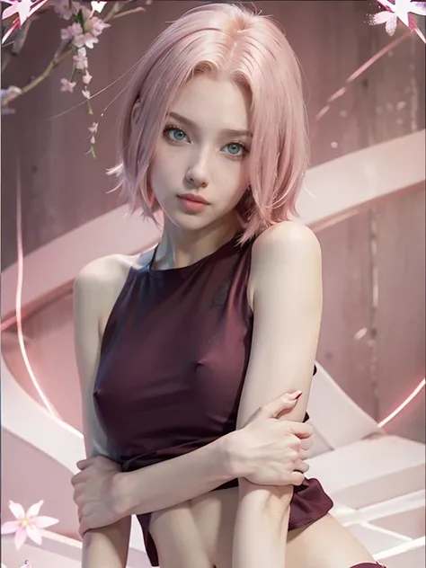 young woman, short shoulder-length pink hair, wide forehead, porcelain skin, pink eyebrows, big emerald green eyes, buttoned nose, full lips, heart-shaped face, slender body, small breasts, red tank top, Sakura Haruno , realistic, realism, details, 3d, wel...