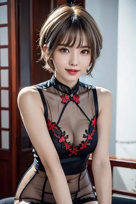 pixie cut, ash gray hair，very, very short hair, uneven tip, smile, transparent clothes ，tespero，Transparent cheongsam dress with black and red embroidery，Contains a deep slit，wearing fishnet tights