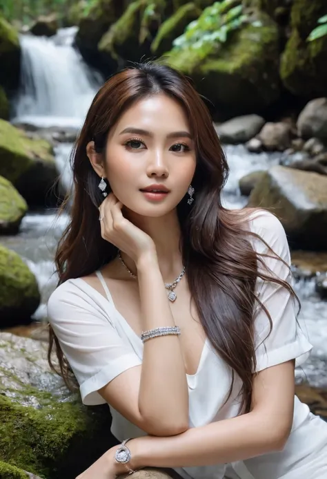 ชุดเปลือยนางwetโชกไปด้วยน้ำที่เผยให้เห็นขนของเธอ. See every part of the body inside. Add cuteness with a diamond necklace.,hoop earrings,bangle, long straight hair, posing with a rock, waterfall, forest, mountain, film light stream, Medium shot, full width...