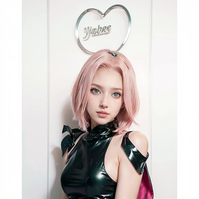 young woman, short shoulder-length pink hair, wide forehead, porcelain skin, pink eyebrows, big emerald green eyes, buttoned nose, full lips, heart-shaped face, slender body, small breasts, red tank top, Sakura Haruno , realistic, realism, details, 3d, wel...