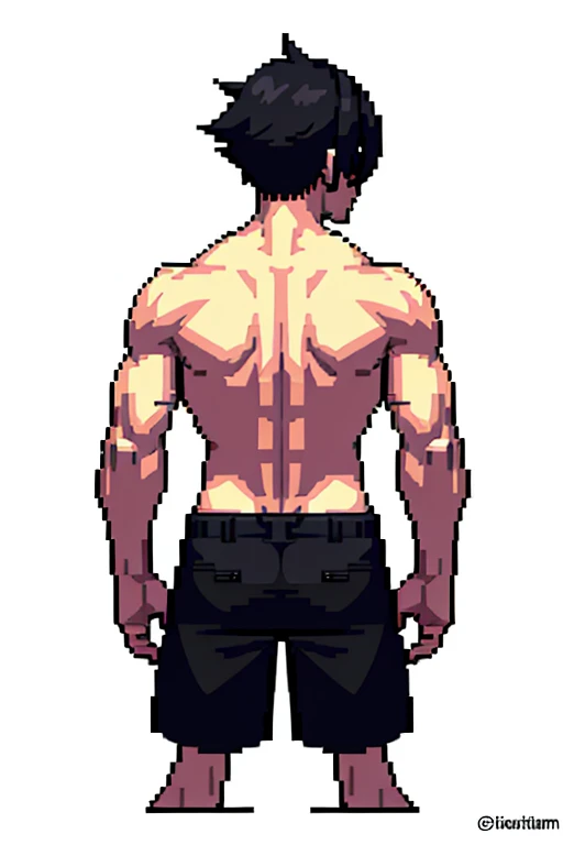 Pixel art style，8k，anime, boy, back turned towards you, head turned towards you looking with one eye, muscular upper back, shirtless, black pants,
