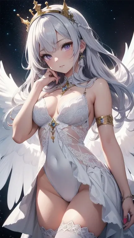 1girl, (masterpiece), best quality, expressive eyes, perfect face, anime - style image of a woman in a white dress with a crown on her head, detailed cosmic angelic, white wings, detailed wings, extremely detailed goddess shot, amethyst jewelry, ((white th...